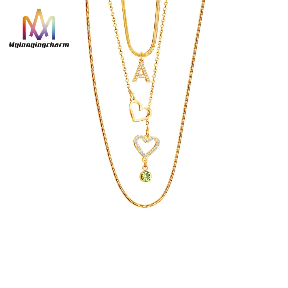 Stainless Steel 3 Layers Jewelry Necklace Gold Plated Birthstone Charm Bling Letter Heart Necklace