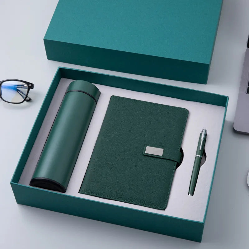 Dark Green Business Gift Box With Hand Gift Smart Thermos Cup Notebook Pen Set Luxury Gift for Men