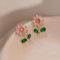 Fashion Stud Earrings Flower Stud Earring Bling Zircon Diamond Ear Jewelry Niche Design Green Leaf Flower Earring for Women