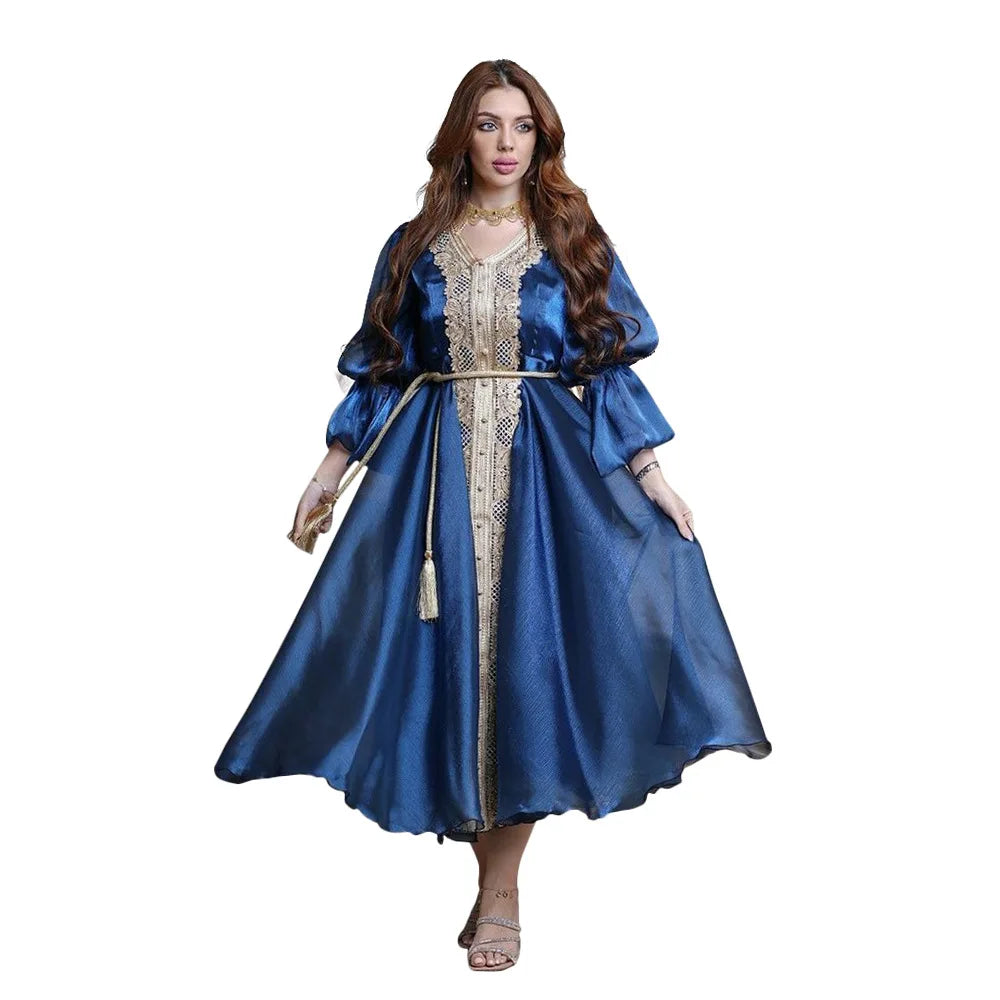 Fashion Stylish V-Neck Applique Lantern Sleeves Long Sleeves High Sleeves Tassels Abayas for Women Muslim
