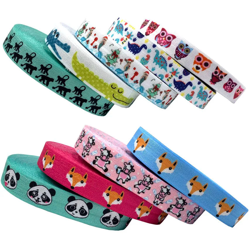 100Y 100 Animals Printed Fold Over Elastic Panda Owl Fox Cat Dinosaur Elephant Flamingo FOE Webbing for DIY Headwear Gift Ribbon