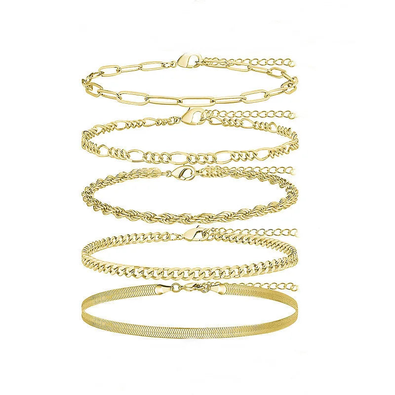 Summer Fashion 14K Gold Snake Figaro Chain Sterling Silver Plated Anklet Set Foot Jewelry Foot Chain Anklets for Women