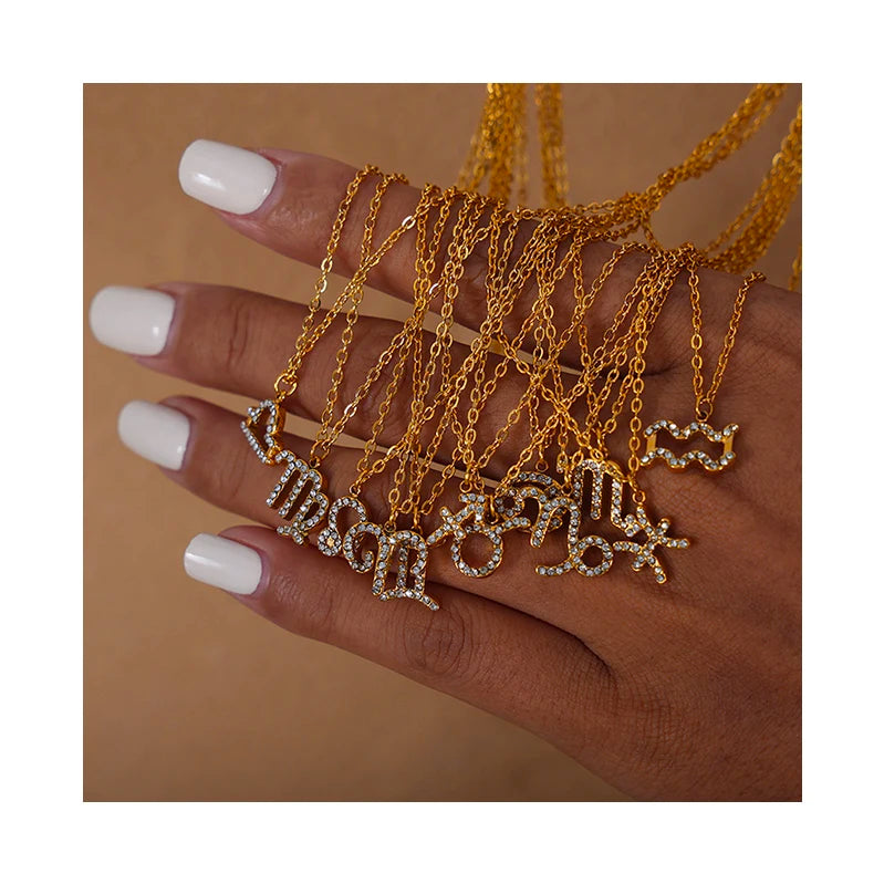 Fashion Stainless Steel Crystal Zircon Gold Filled 12 Zodiac Sign Jewelry Zodiac 18K Constellation Necklaces for Women