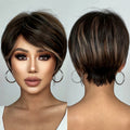Factory Fast Delivery Short Pixie Cut Brown Highlight Synthetic Wigs Natural Colorful Layered Wig with Fluffy Bangs for Women