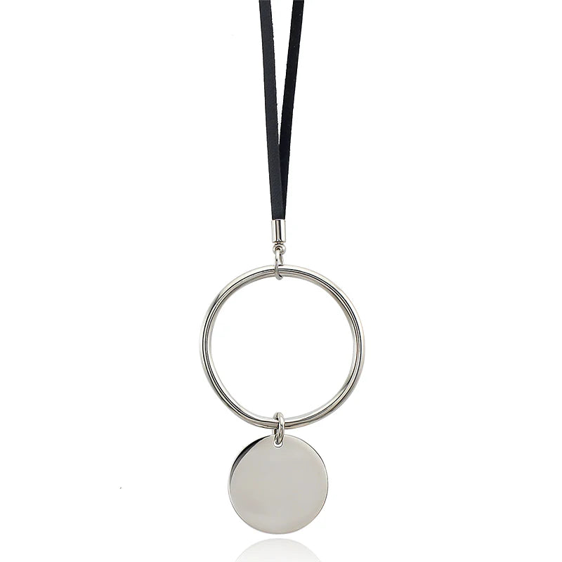Casual Stainless Steel Necklace for Women Silver Color Round Blank Round Pendant Necklace Long Genuine Leather Chain