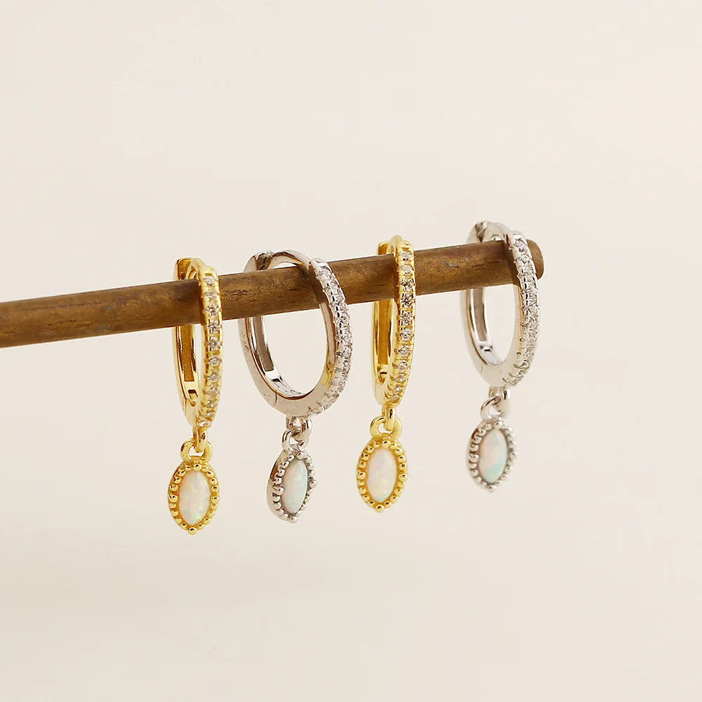 Wholesale Fashion Jewelry 925 Sterling Silver Diamond Zircon Synthetic White Opal Gold Plated Hoop Earring Jewelry for Women MegaBDM