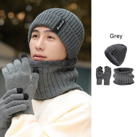 Thick Warm Knit Skull Cap Fleece Lined Scarves Gifts for Women 3 Pieces Winter Beanie Hat Scarf Touch Screen Gloves Set