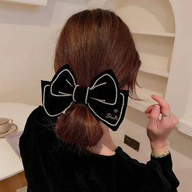 Big Pearl Hair Bow Clip Strong Hold Hair Barrette Soft Velvet Hair Bowknot Clip Fashion Clip for Women