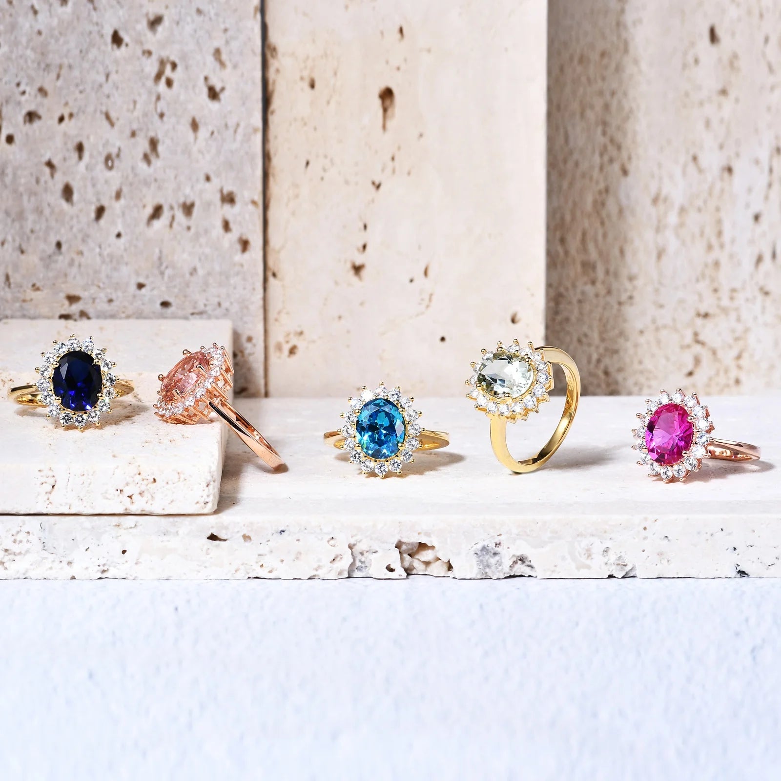 Abiding Gold Plated Oval Colored Stone 925 Sterling Silver Custom Wedding Halo Rings Jewelry for Women