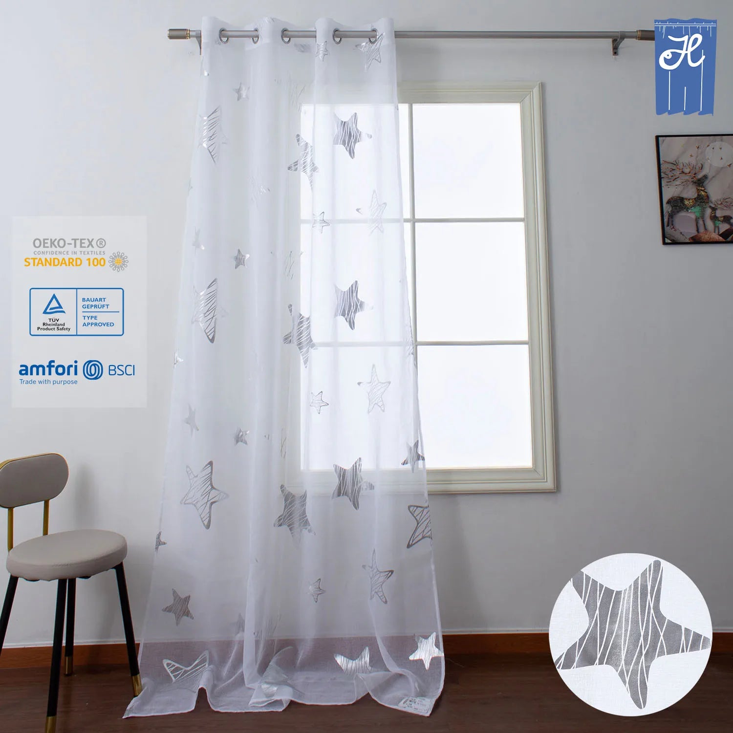 Wholesale Custom Size Modern Style 100% Polyester Star Sheer Living Room Window Decor Tulle Curtains Drapes for Xmas Christmas