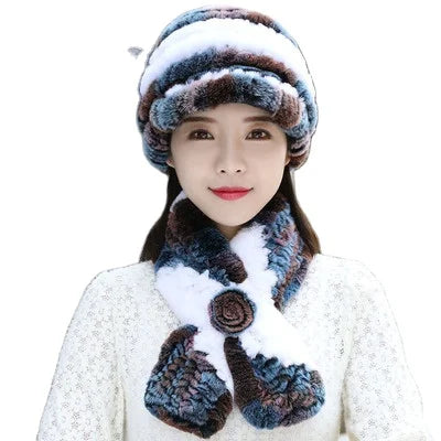 MWfur Fashion Winter Head Warmer Fur Hand Knitted Rex Rabbit Fur Hat and Scarf Set for Women