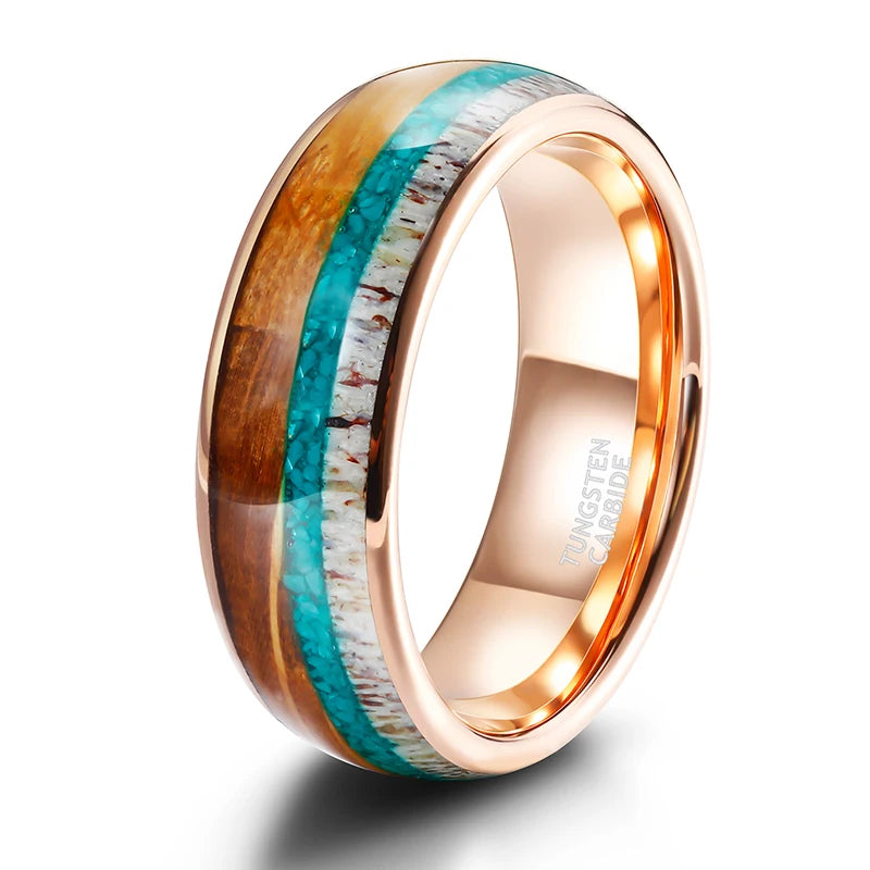 OAHLAN Fashion Jewelry 8mm Domed Antler Whisky Barrel Wood Malachite Inlay Tungsten Carbide Rings for Men Factory Wholesale