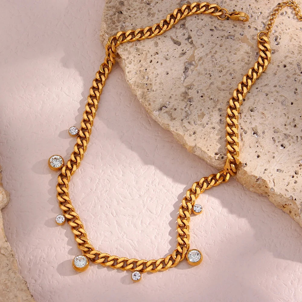 Dreamshow Chunky Necklace Set Shining Zircon Jewelry PVD Gold Plated Stainless Steel Jewelry Chain Set