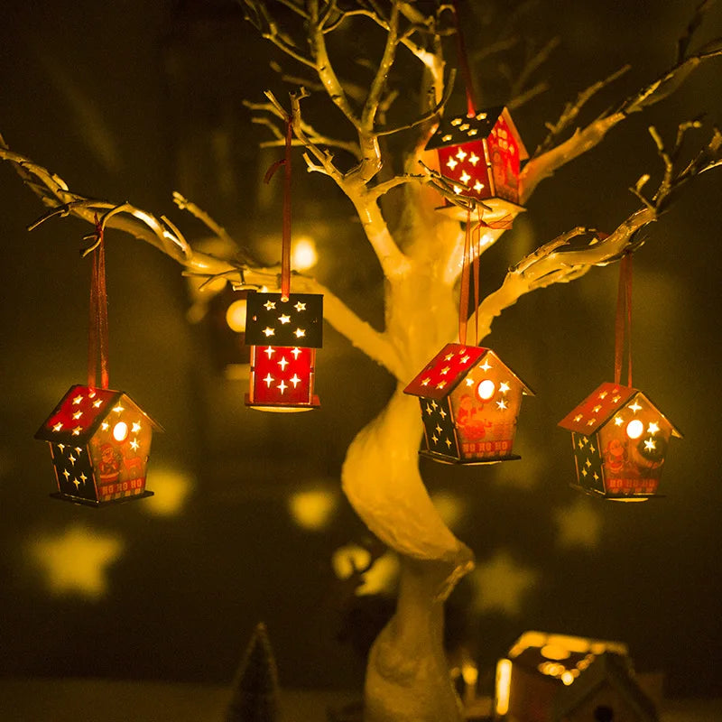 Christmas Tree Decorations Creative Handmade Exquisite Wooden Color LED Illuminated Christmas Chalet Pendant