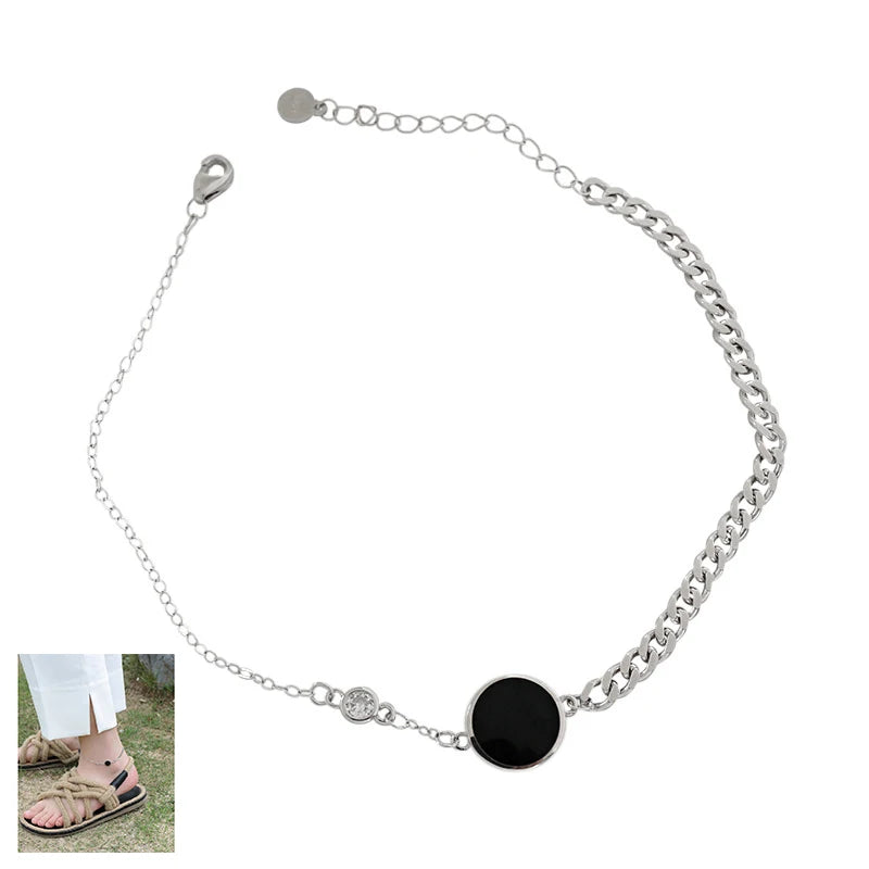 New 925 Sterling Silver Ankle Bracelet on the Leg Chain Epoxy Anklet Fashion Black Round Anklets for Women Foot Jewellery