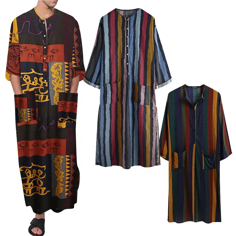 Traditional Muslim Clothing Islamic Praying Gown Long Striped Saudi Jubba Thobe Arabic Turkish Robe African Dress Henley Shirt