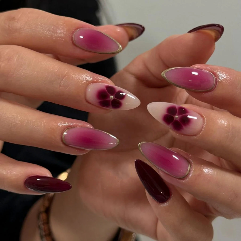 Wholesale 3826 Floral Pattern Resembling Plum Blossoms Short Almond False Nails Press on Nails Artificial Fingernails Customize