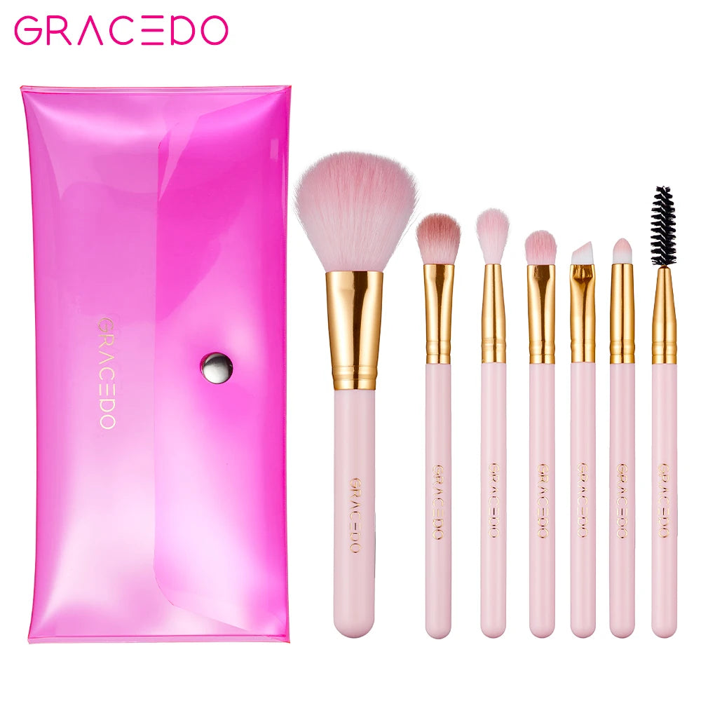 Gracedo 7pcs Pink Professional Makeup Brush Set for Face Use Synthetic Hair & Wood Handle-Women's Luxury Private Label Kit Bag