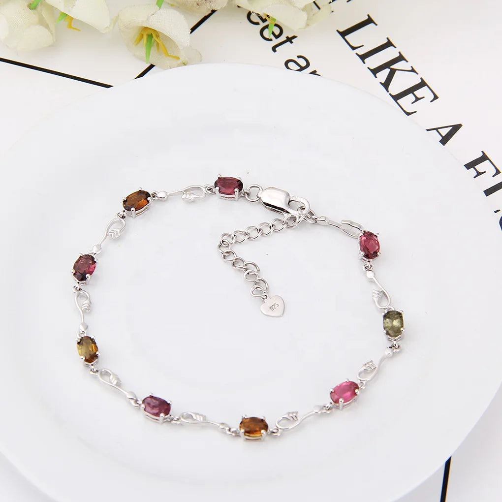 Abiding Wholesale Natural Tourmaline Bracelet Good Quality Sterling 925 Silver Simple Style Bracelet