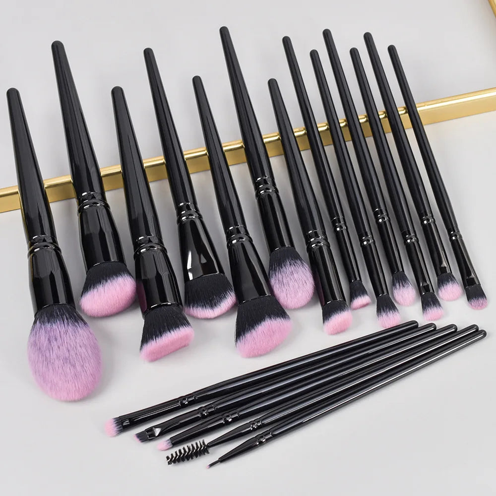 18 Piece Deluxe Fuchsia Pink Black Makeup Brush Set Wood Handles Soft Nylon Bristles Professional Beauty Makeup Tools for Women