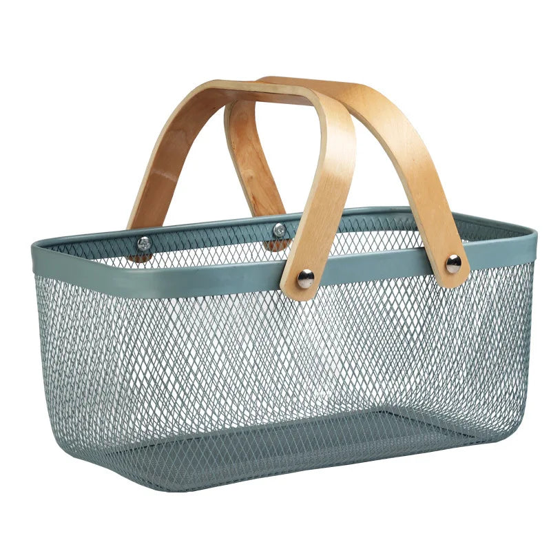 Square Rectangle Iron Mesh Multifunction Storage Organizer Basket with Wood Handle Picnic Basket Customized Logo