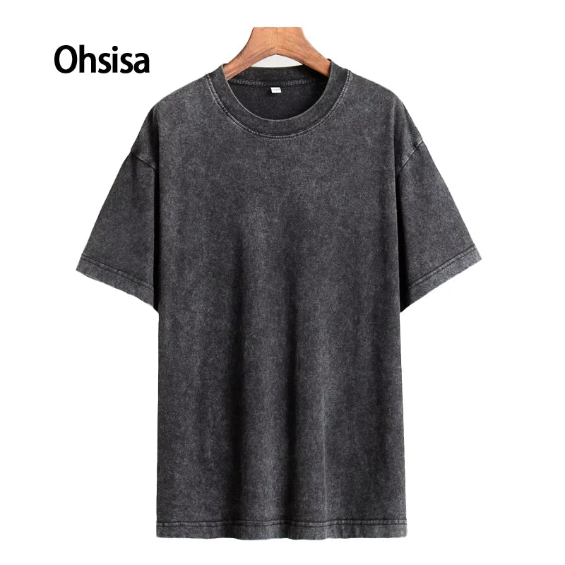 Ohsisa Summer European American Relaxation Casual Neck Washed Sanding Style Old-Style Short Short-Sleeved T-Shirt