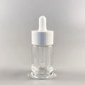 OEM Manufacturer 30ml Transparent Flat Round Glass Essential Oil Serum Dropper Bottle with Double Wall White Dropper
