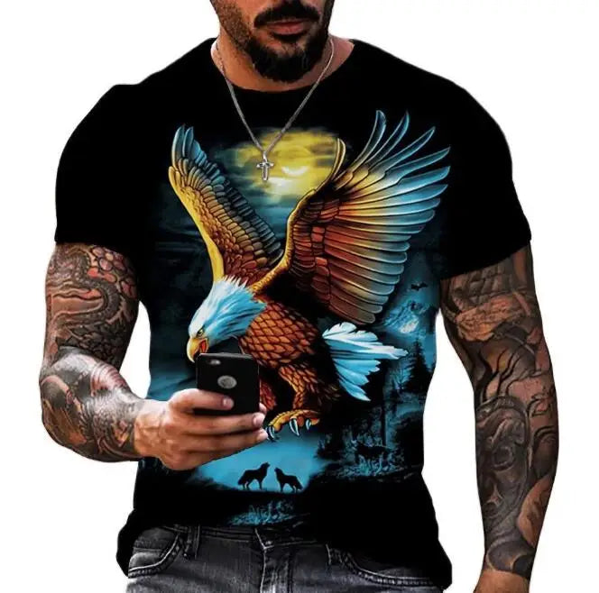 Men's Big Size Short Sleeved T-shirt Eagle Pattern 3D Digital Printing Round Neck Short Sleeve Tops
