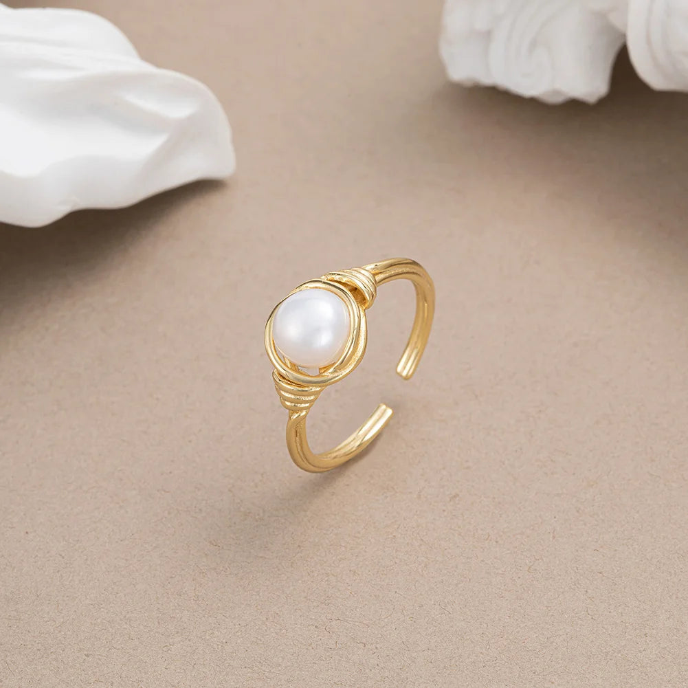 RINNTIN GPR16 New Arrival Fashion Jewelry Rings 14k Gold Plated Pearl 925 Sterling Silver Ring for Women Jewelry Anillos Plata