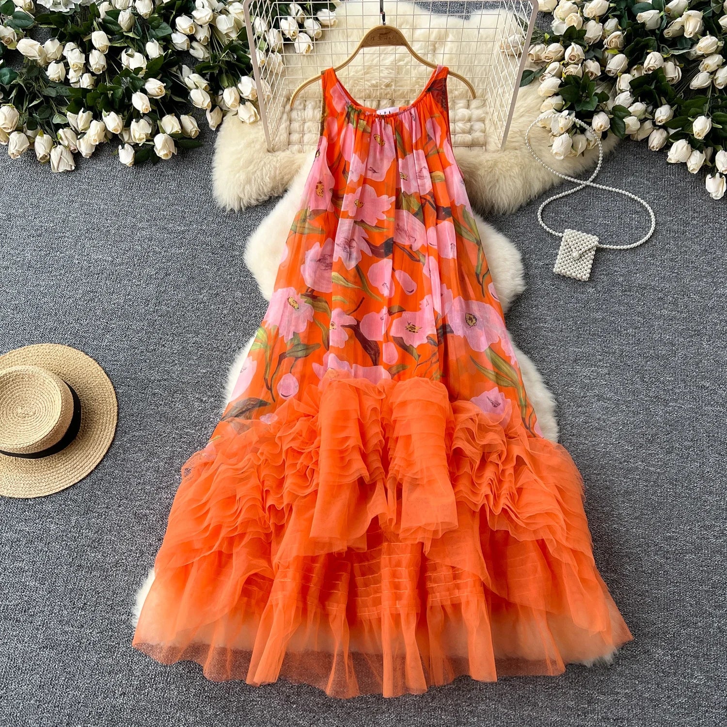 Vintage Design Printed Spliced Mesh Irregular Ruffle Dresses for Women