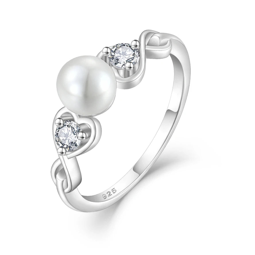 925 Sterling Silver Pearl Cubic Zirconia Ring Heart Shaped Accents Elegant Engagement Ring Jewelry for Women