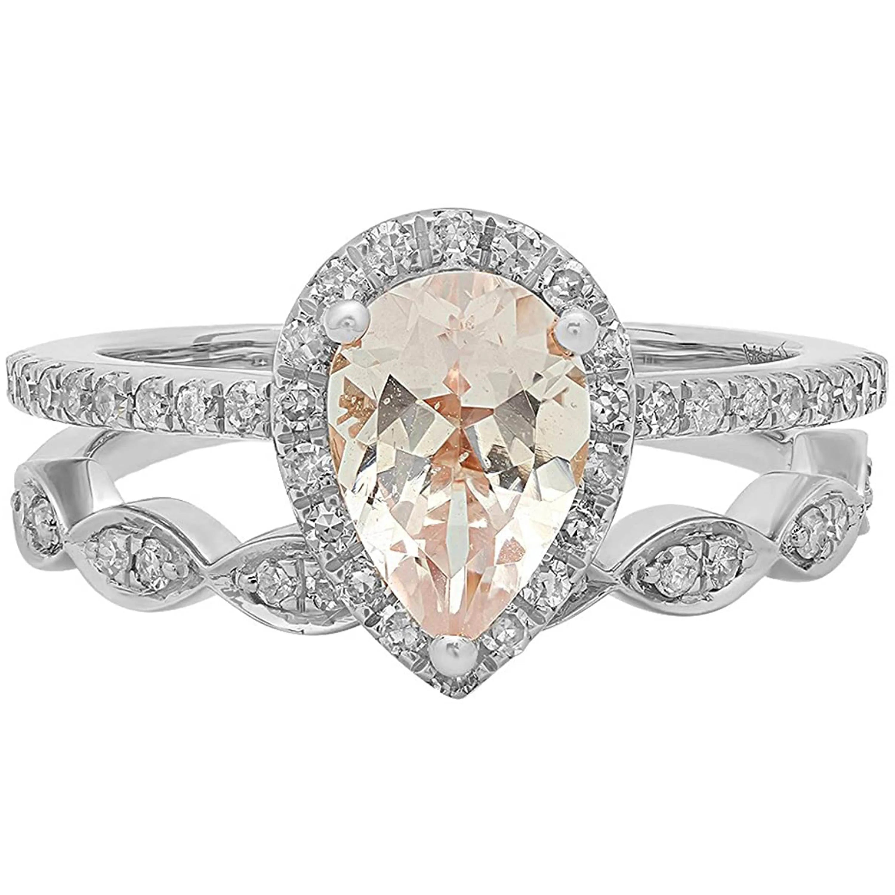 Pear Cut 925 Sterling Silver Morganite Zircon Jewelry Wedding Gift Engagement Rings Set