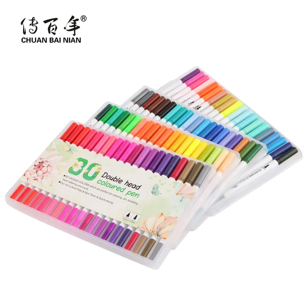 Hot Sales 100-Color Art Marker Pen Set Dual Tip Watercolor Fine Brush for Students Permanent Ink on Paper