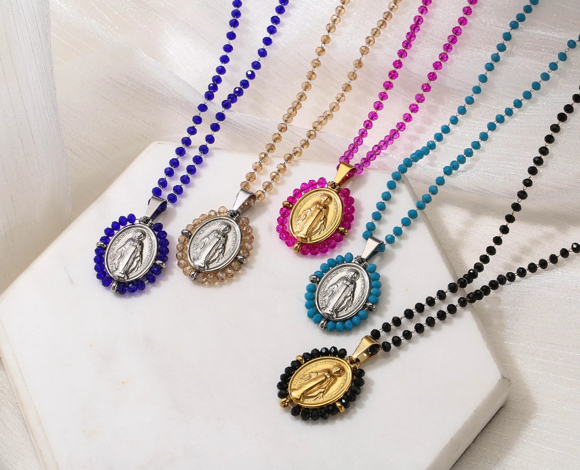 Vintage Ethnic Style Stainless Steel Necklace Stained Glass Beads Virgin Mary Necklace for Women