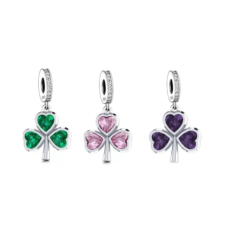 Fit Original Brand Charm Bracelet 925 Sterling Silver Three-Leaf Heart Clover Irish Shamrock Pendant Bead for Jewelry Making