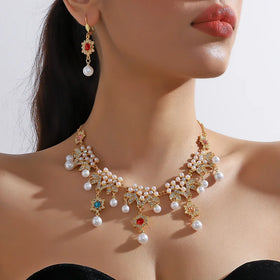 KQ-70 Wholesale Fashion Women Ear Neck Jewelry Luxury Alloy Crystal Pearl Charm Necklace Earrings Jewelry Kit