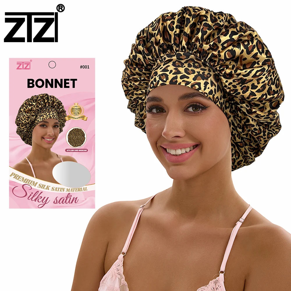 ZTZI Custom Logo Sublimation Leopard Print Silk Sleep Cap Deluxe Adjustable Reversible   Satin Hair Bonnets for Women