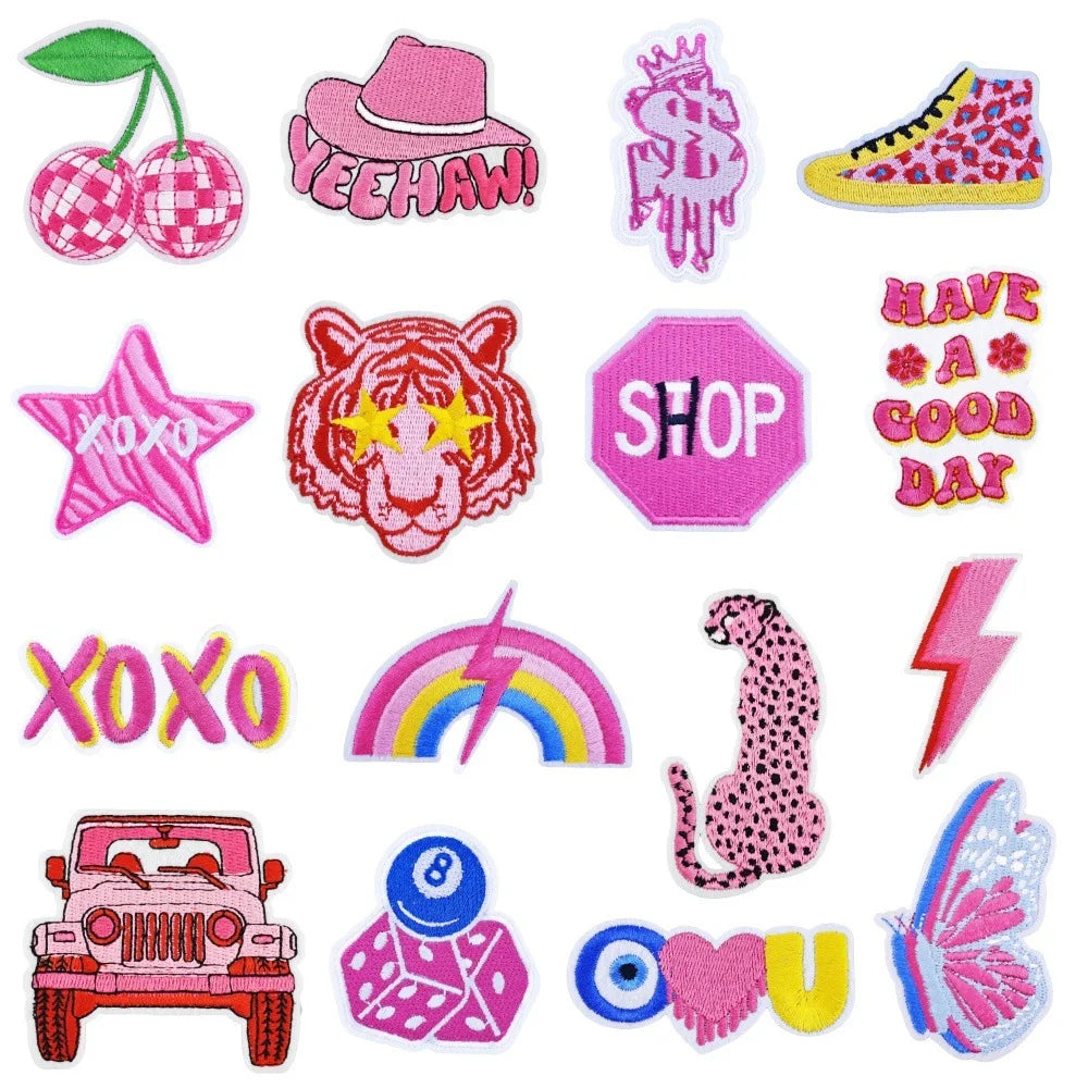 New Iron on  Embroidery pink  Color Cheetahs Star Xoxo  Shoes Dollar Cherry tiger Patch for Kid's Clothes Hat Bag
