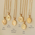 Vintage 18K Gold Plated Tarot Card Pendant Stainless Steel Round Charm Necklace the Flower Sun Star Moon Lovers Sign Necklaces