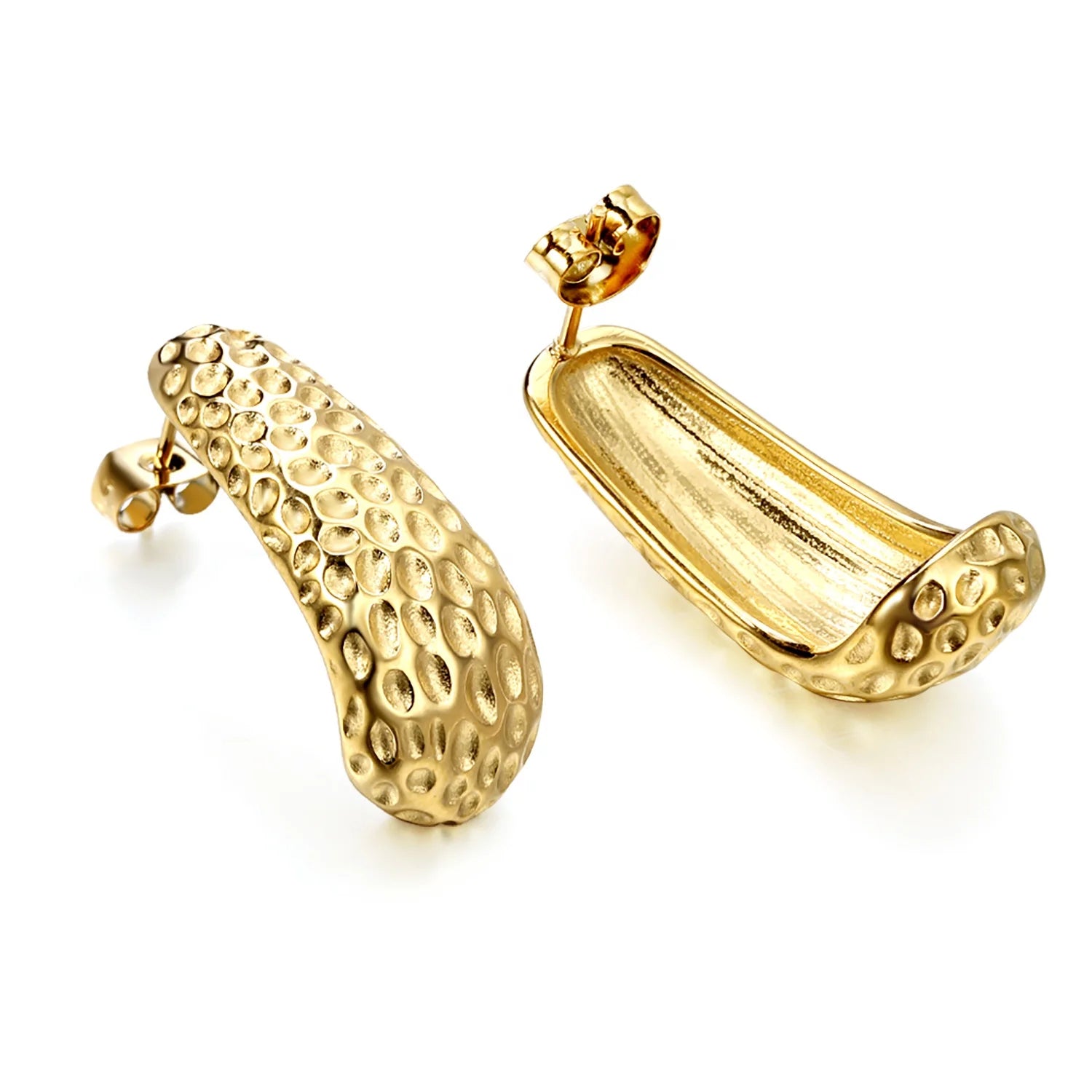 Waterproof Unisex Non Tarnish Jewelry 18k Gold Plated Stainless Steel Custom J Shaped Hammering Texture Stud Trendy Gift