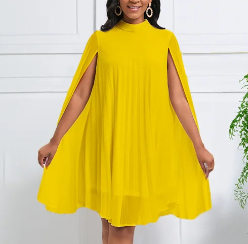 S-3XL New Temperament Fashion Chiffon Knee-Length Solid Autumn Woven Breathable Casual A-Line Pullover Cape Bat Sleeve Dress