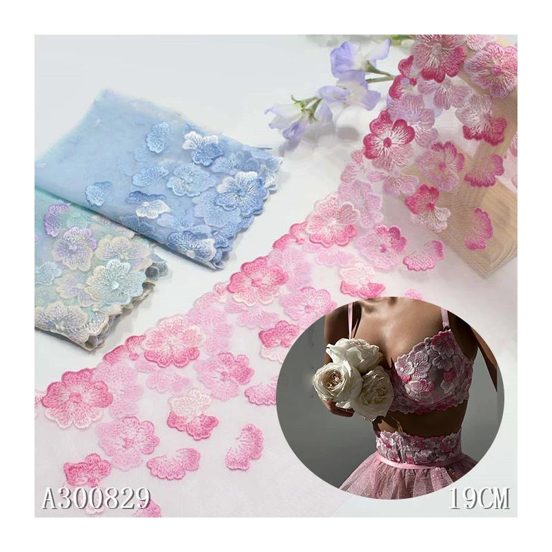 High Quality Custom Net Embroidery Lace Fabric 19CM Gradient Blue Pink Floral Embroidered Border Lace Trim Mesh Fabric for Women