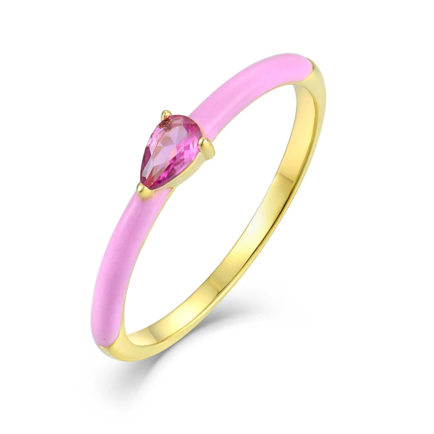 YILUN 18K Gold Pink Enamel Ring Elegant Women's Handcrafted Dainty Water Drop Gemstone for Wedding and Party MegaBDM