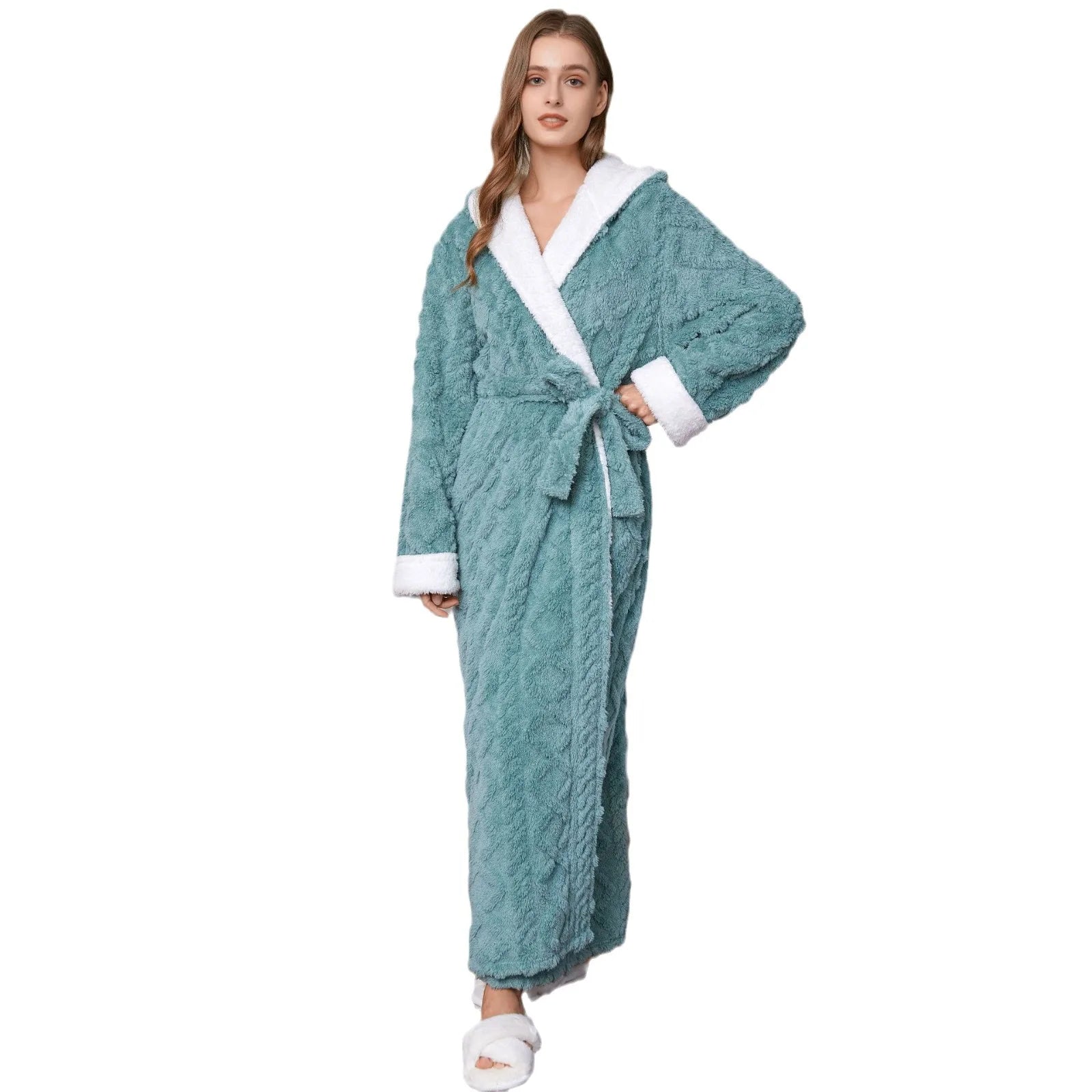 Super Long Bathrobes Solid Green Flannel Robes Women's Jacquard Flannel Fleece Bathrobes Thick Warm Couple 5-star Hotel Robes