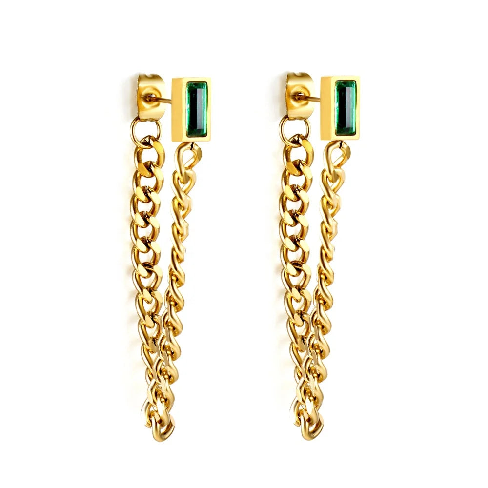 2023 Fashion New Green Zirconia Square Stud Earrings Stainless Steel PVD 14K/18K Gold Plated Nickel-Free Jewelry