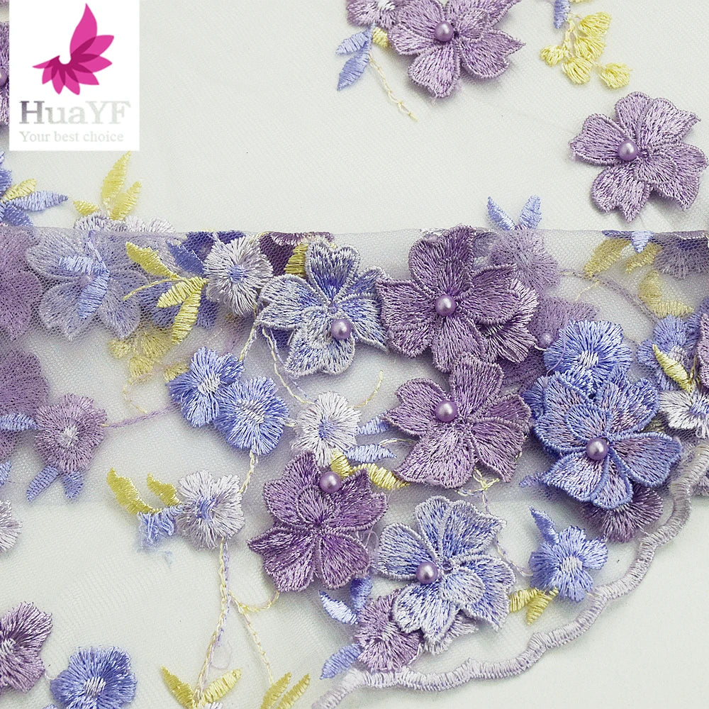 HY2370 Hot 3d Flower Lace Fabric Mesh Embroidery Lace With Pearls for Simple Evening Dress Fabrics Applique Wholesale by Yard