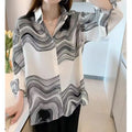 Korean Version Women's Black White Chiffon Vintage Button Woven Shirt Elegant Long Sleeve Office Top for Spring Autumn