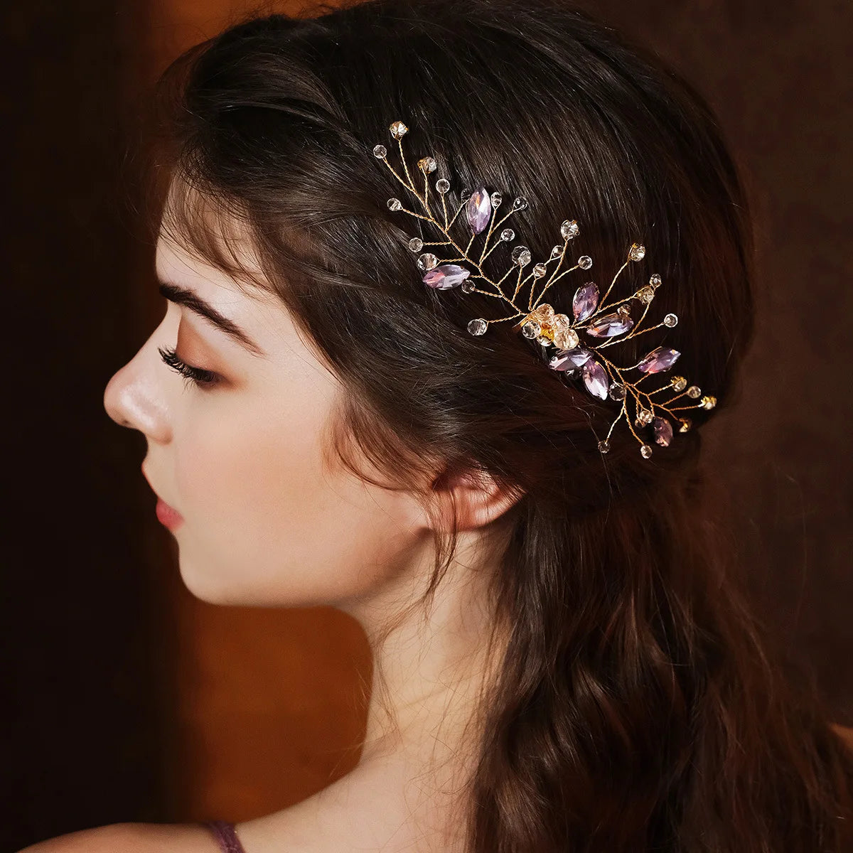 Vintage Purple Rhinestone Hairpin Handmade Crystal Beaded Comb Hair Clip Chinese Style Head Ornament Bridal Hair Ornament Alloy
