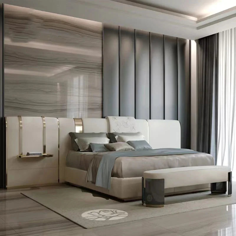Modern Italian Leather Double Bed Luxury Master Bedroom Furniture Wedding Bed Simple Design Panel Upholstered Factory Wholesale