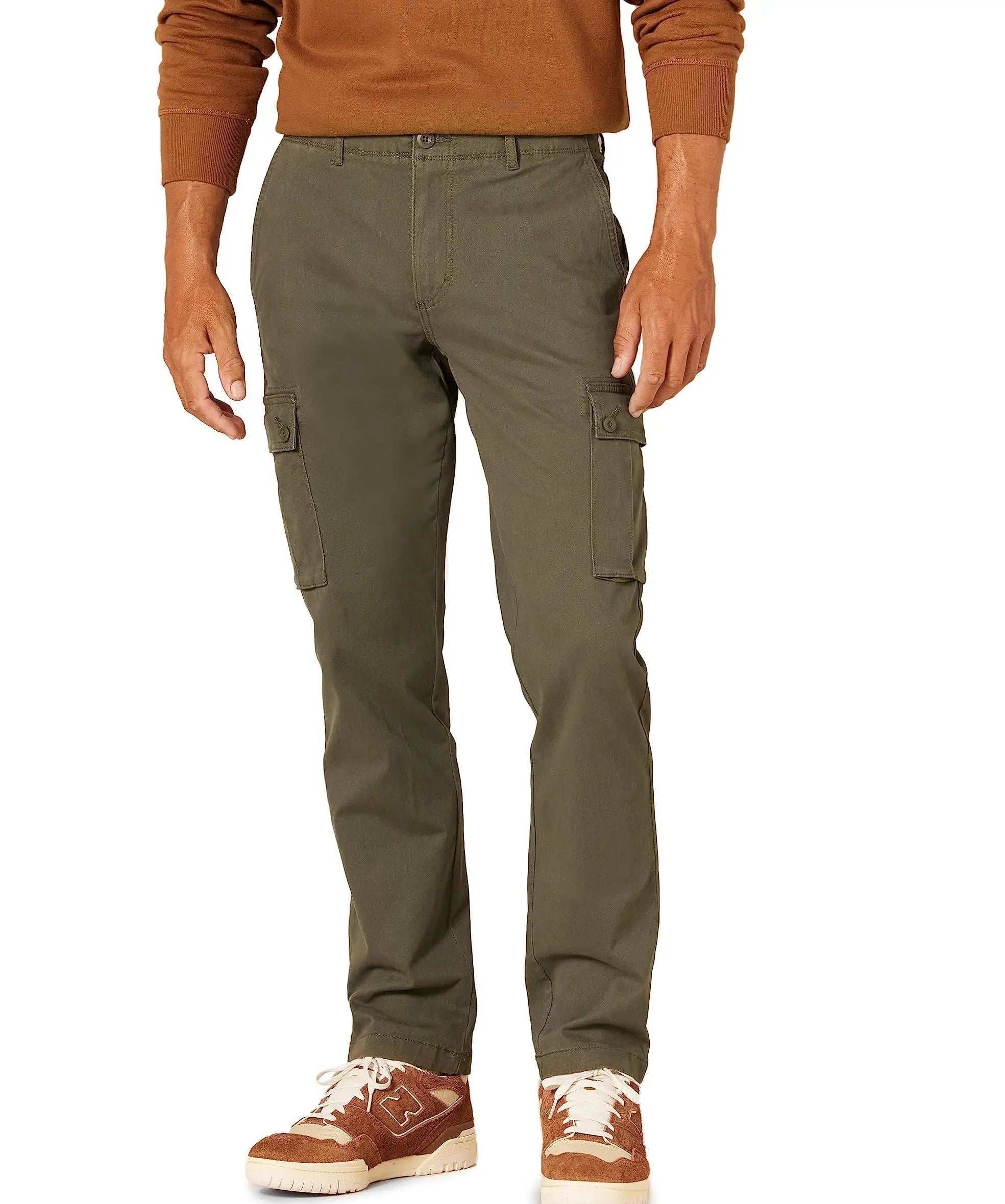 Men's Casual Slim Stretch Cotton Cargo Pants Mid Waist Zipper Fly Lightweight Straight Pattern Twill Pockets Regular Fit